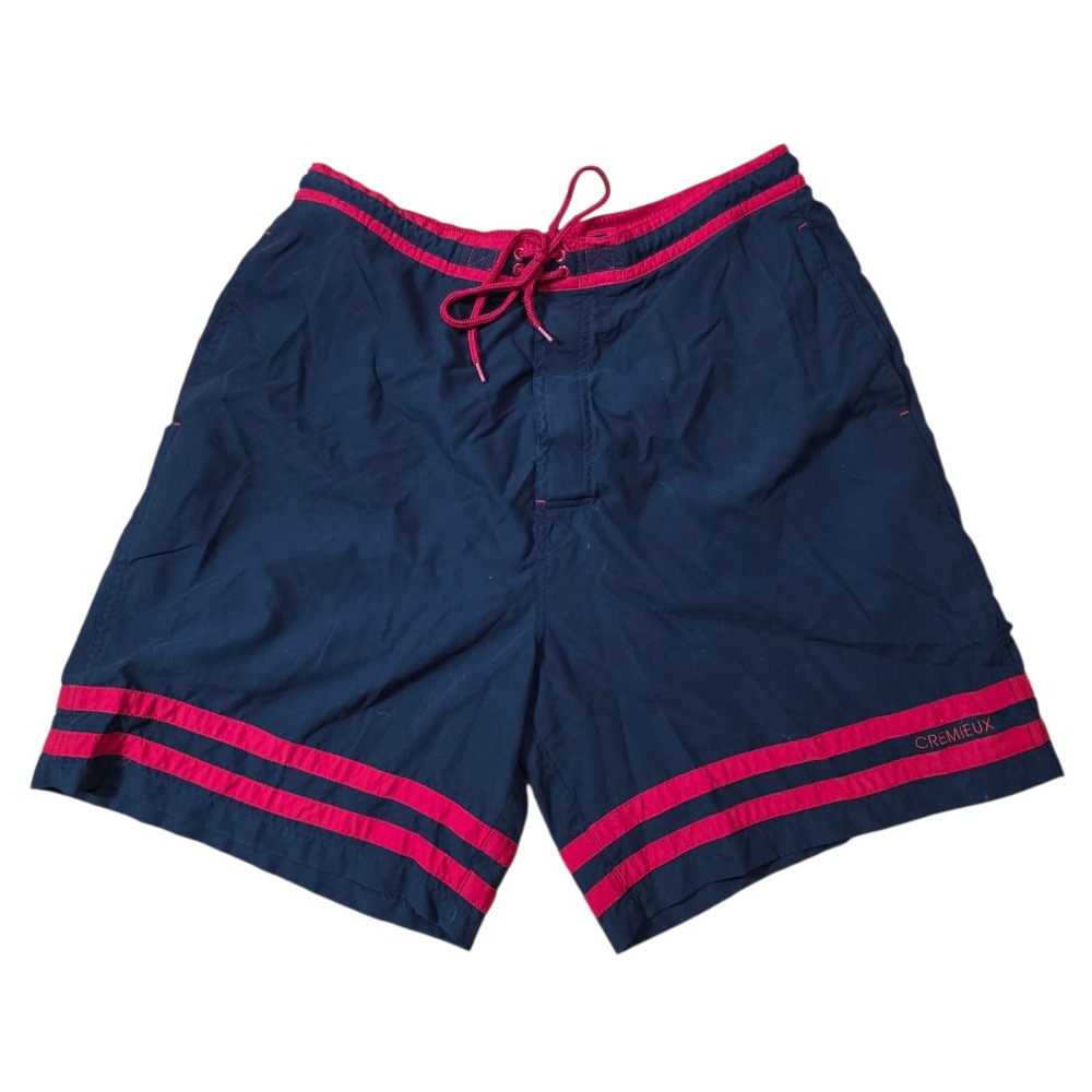 Cremieux Mens Navy Blue Red Striped Swim Trunks Board Shorts Mesh Lined Size L